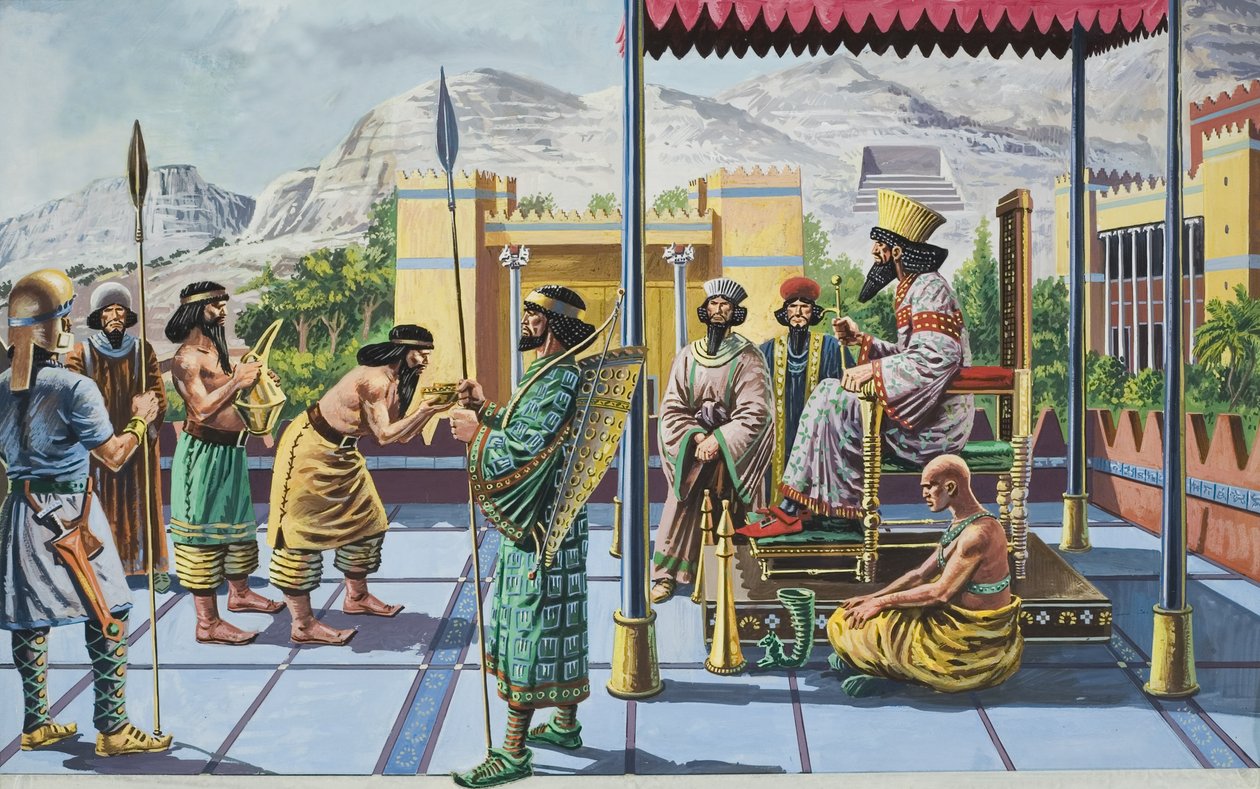 Rei Dario I (c.550-486 a.C.) a receber presentes num dos seus palácios (guache sobre papel) de English School