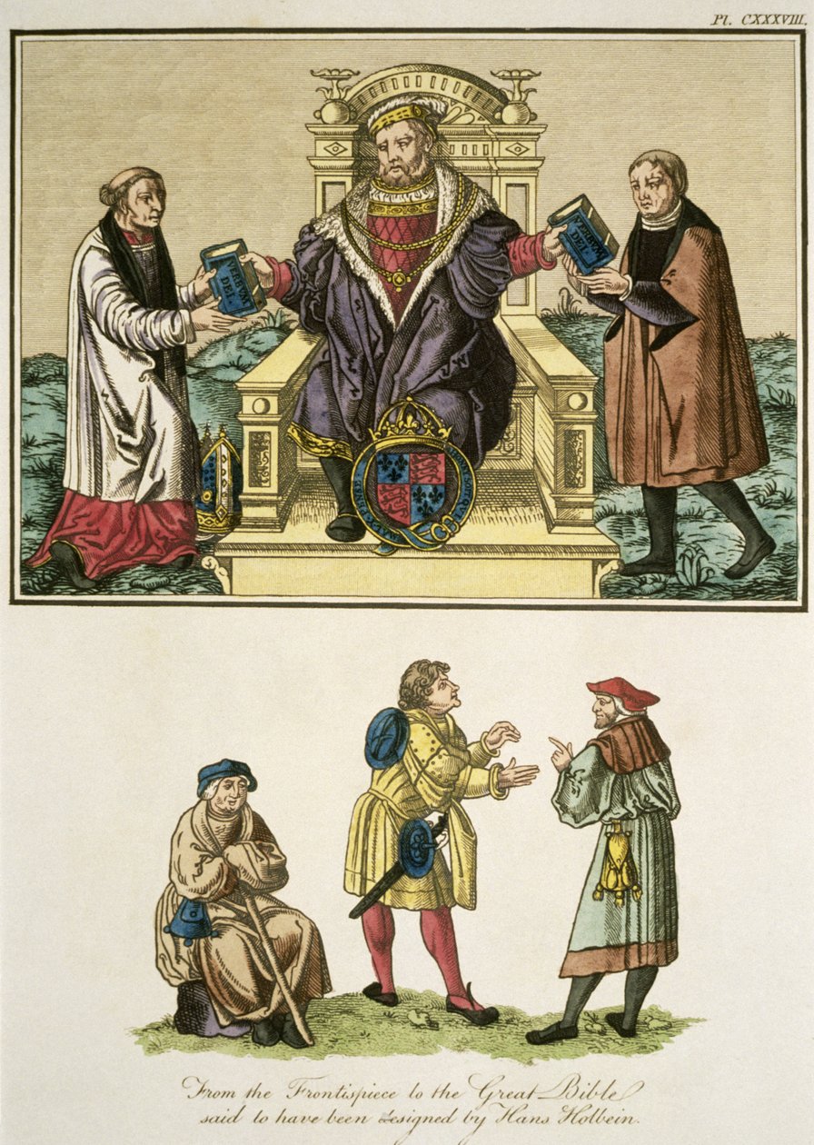 O rei Henrique VIII (1491-1547), do frontispício da Grande Bíblia, que teria sido desenhado por Hans Holbein (14978-1543), ilustração da Visão Completa do Vestido e dos Hábitos do Povo. de English School