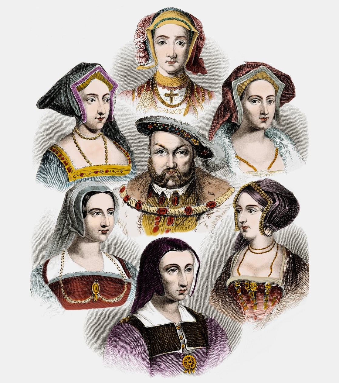 Rei Henrique VIII da Inglaterra e suas seis esposas, c.1890 (lito com posterior coloração) de English School