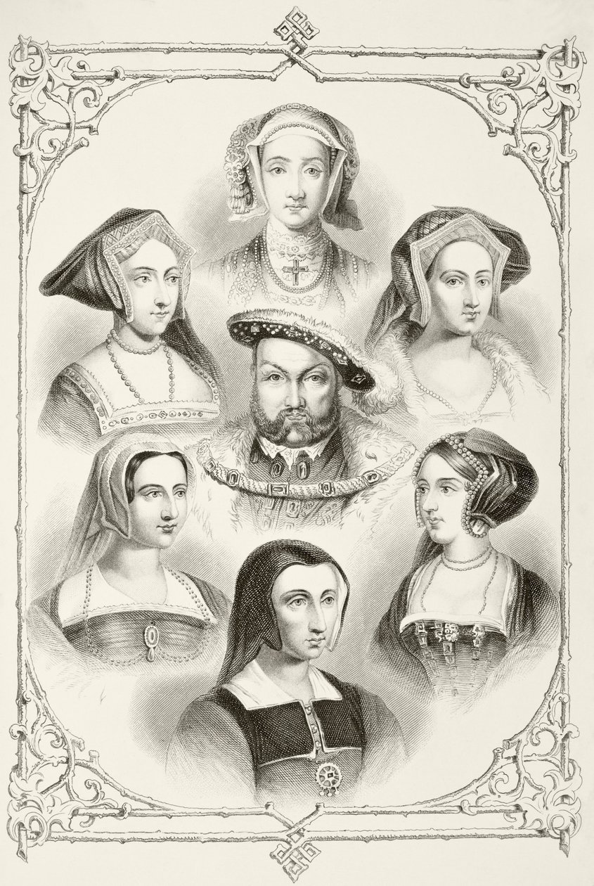 O rei Henrique VIII da Inglaterra e suas seis esposas, de "A História Nacional e Doméstica da Inglaterra", de William Hickman Smith Aubrey (1858-1916) publicaram Londres, c.1890 de English School