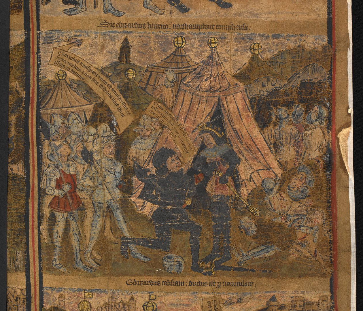 Rei Henrique VI levado em cativeiro após a batalha de Northampton, de Typological life and genealogy of King Edward IV, Harley MS 7353 de English School