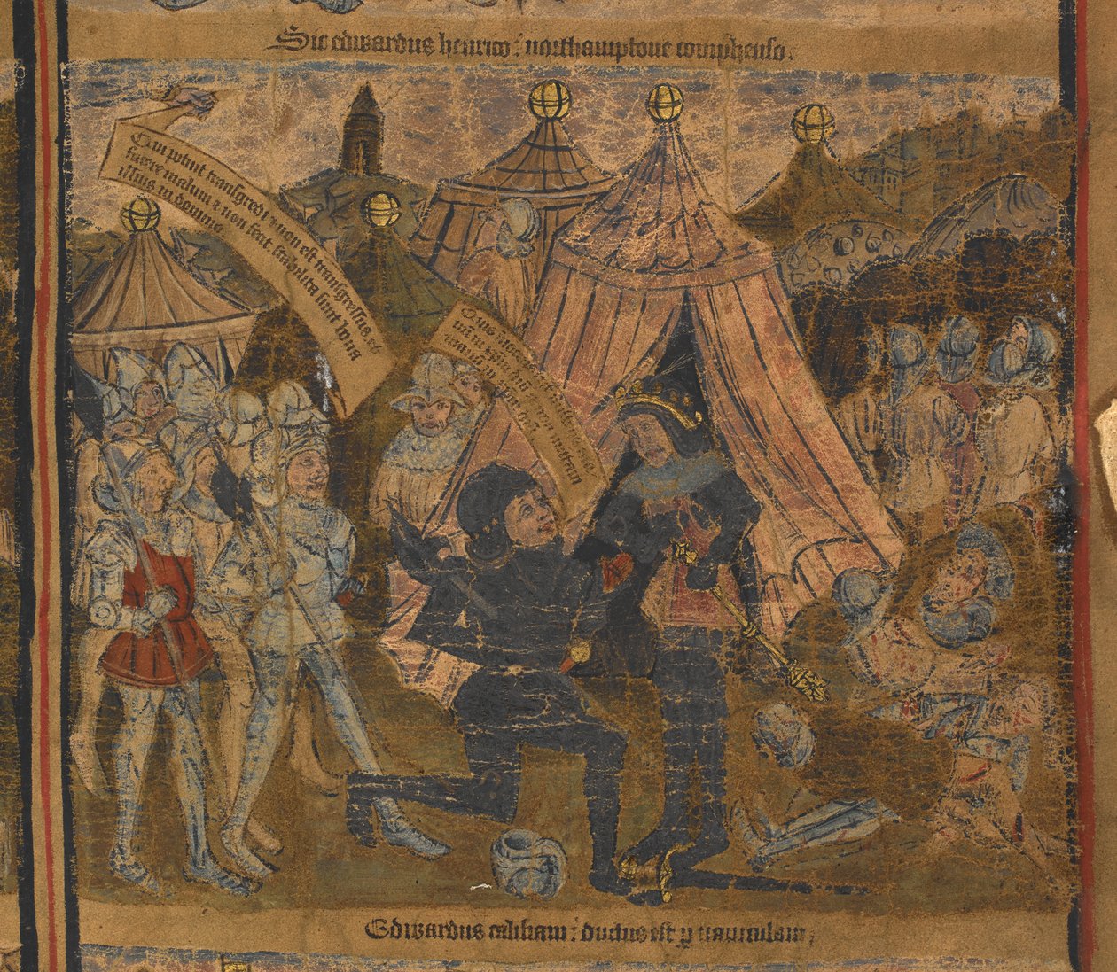Rei Henrique VI levado cativo após a batalha de Northampton em 1460 por Eduardo de York (depois Rei Eduardo IV) e os Condes de Warwick e Salisbury, ilustração de "Typological Life and Genealogy of Edward IV", c.1460-70 (vellum) de English School