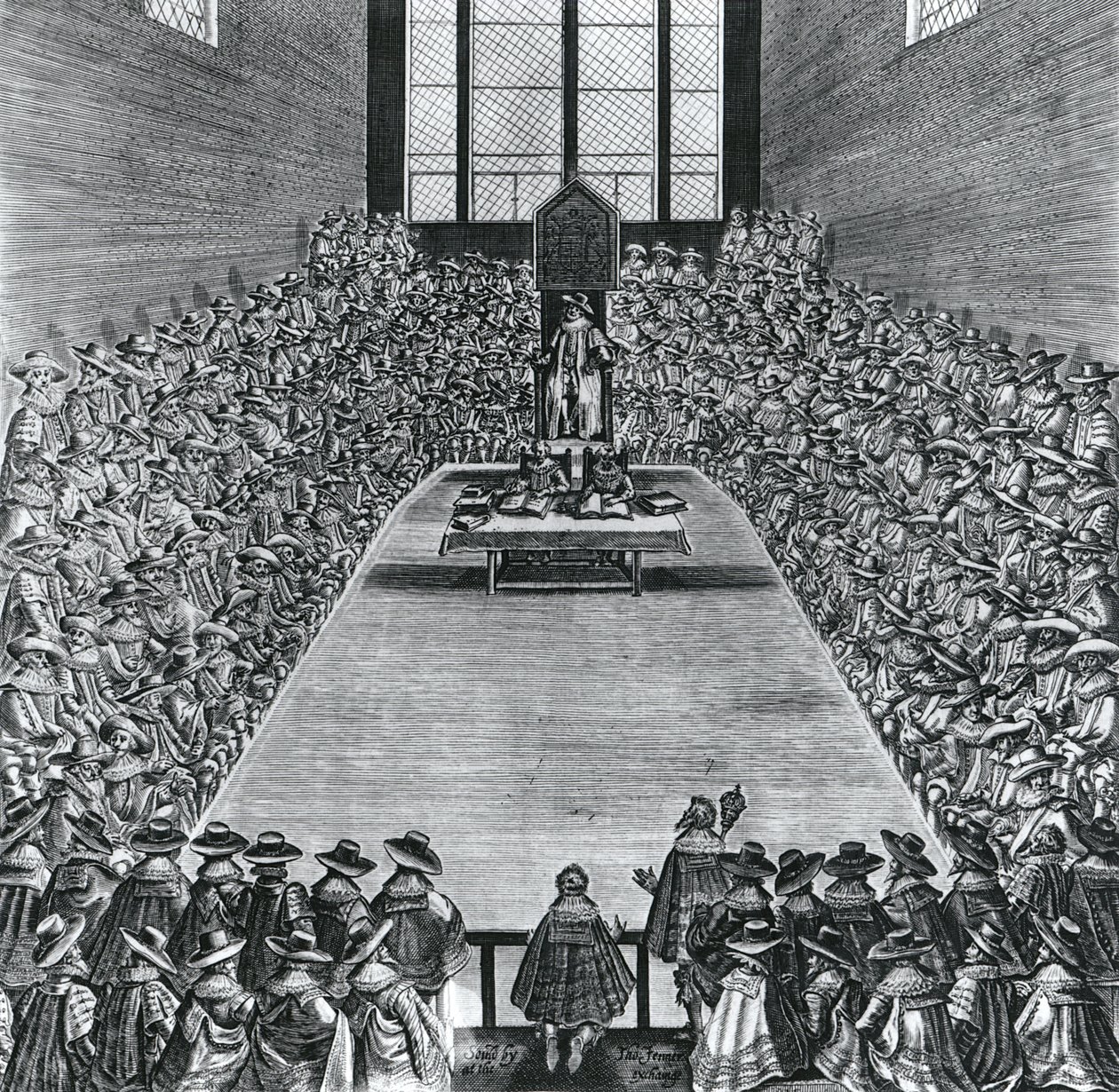 Rei Jaime I (1566-1625) nas Casas do Parlamento, 1624 de English School