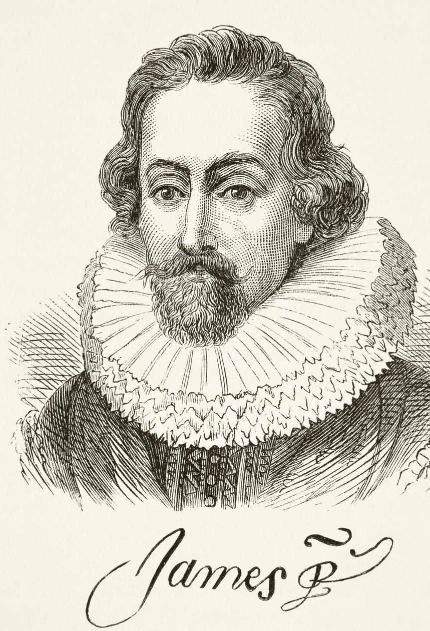 O Rei James I da Inglaterra, de "A História Nacional e Doméstica da Inglaterra", de William Hickman Smith Aubrey (1858-1916) publicou Londres, c.1890 de English School