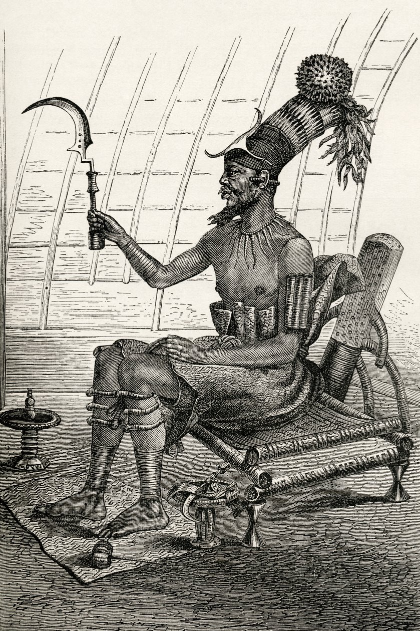 Rei Munza em plena vestimenta, de "Os habitantes do mundo" por GT Bettany, publicado em 1888 (gravura) de English School
