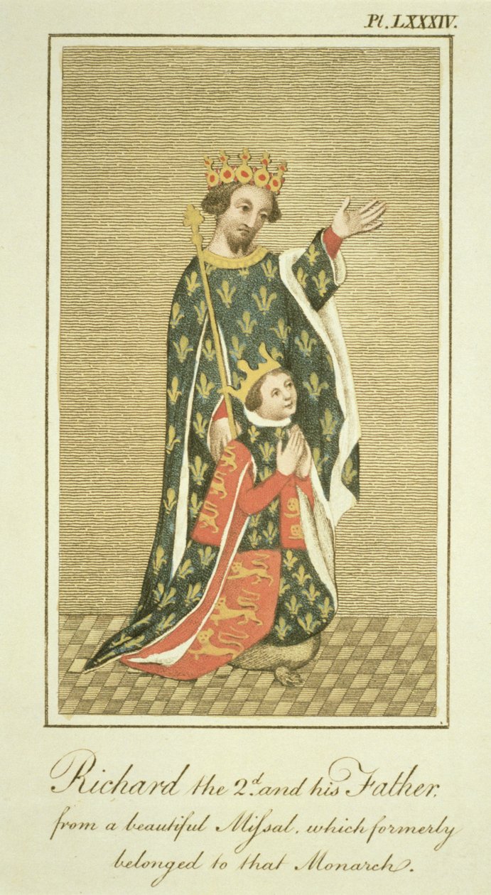 Rei Ricardo II (1367-1400) com seu pai Eduardo (1330-76) o Príncipe Negro, ilustração de A Visão Completa do Vestido e Hábitos do Povo da Inglaterra Volume II, publicado em 1799 (colorido de English School