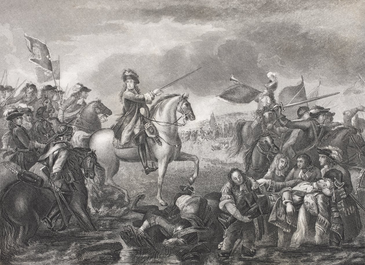 Rei William III na Batalha do Boyne, 1690, da "Galeria de Retratos Históricos", publicado em 1880 de English School