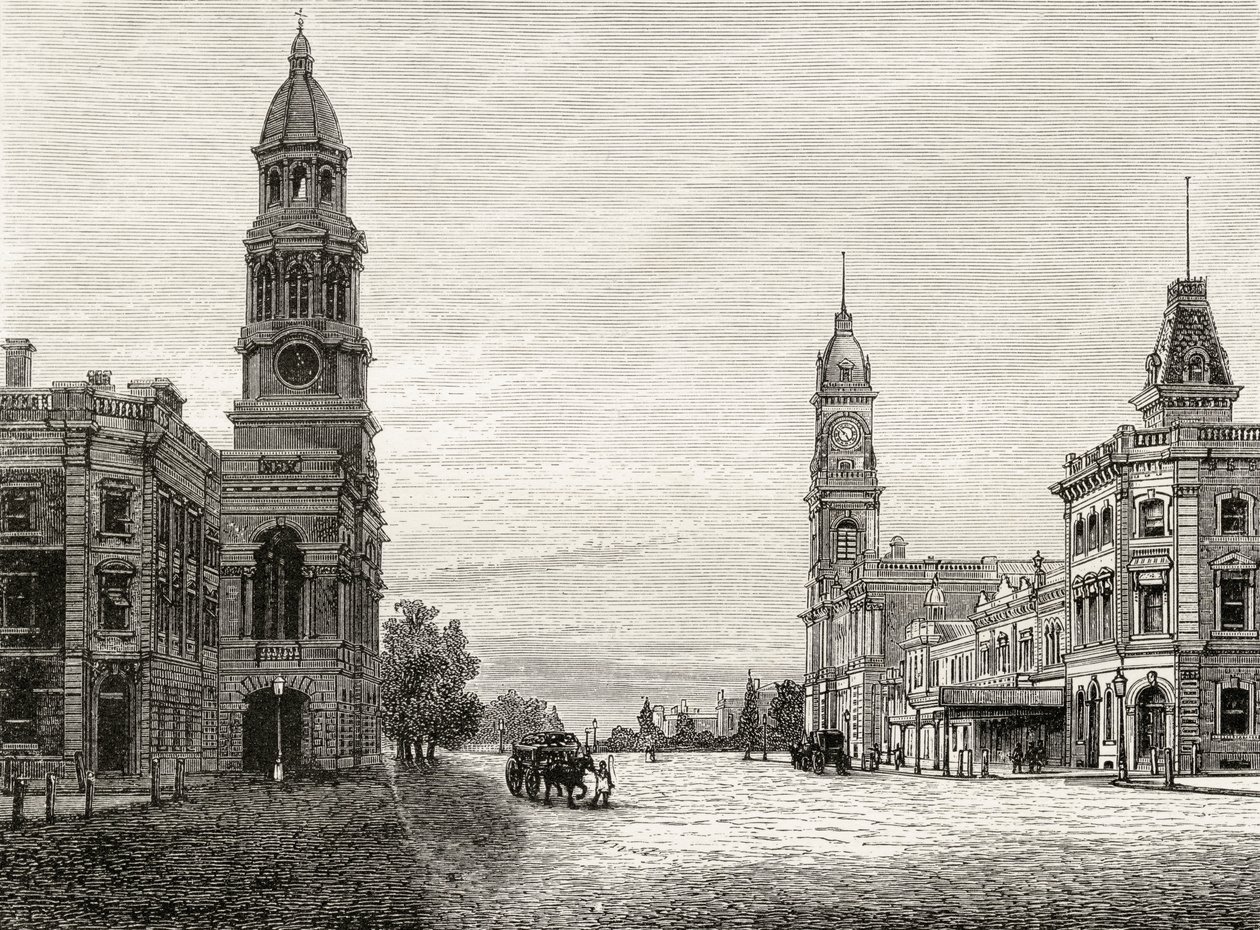 King William Street, Adelaide, c.1880, de &39;Australian Pictures&39;, de Howard Willoughby, publicado pela Religious Tract Society, Londres, 1886 de English School