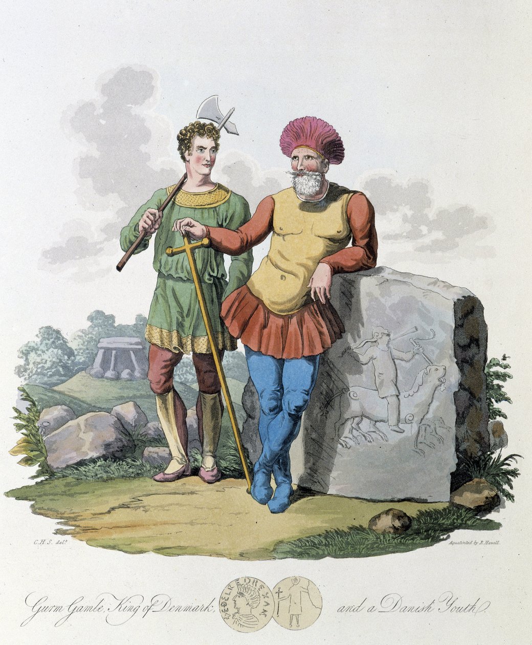 Rei da Dinamarca e jovem dinamarquês - em "Celts and Goths, costumes dos habitantes das Ilhas Britânicas do início do século VI e das nações góticas da costa ocidental do Báltico", por S.R. Meyrick e Ch. Smith de English School