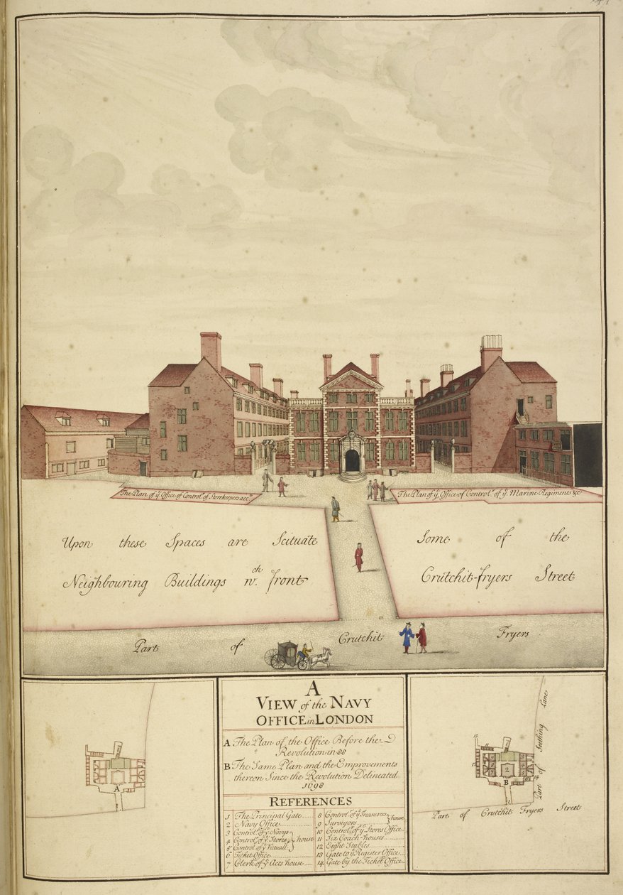 Kings 43, f.147 A View of the Navy Office, Londres de English School