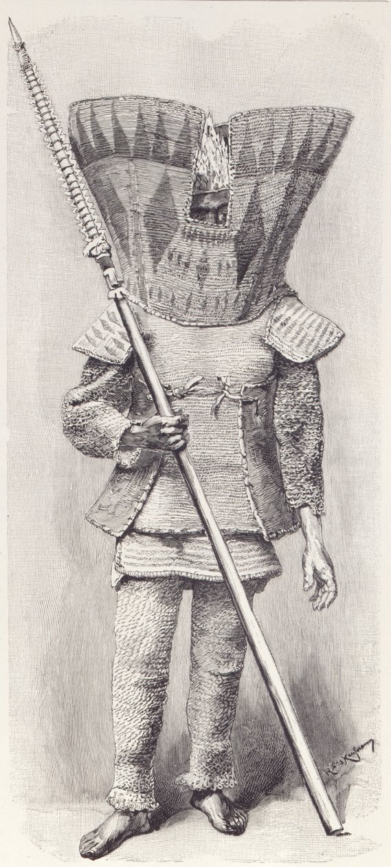 Kingsmill Islander com armadura completa, de The History of Mankind, Vol.1, do Prof, Friedrich Ratzel, 1896 de English School