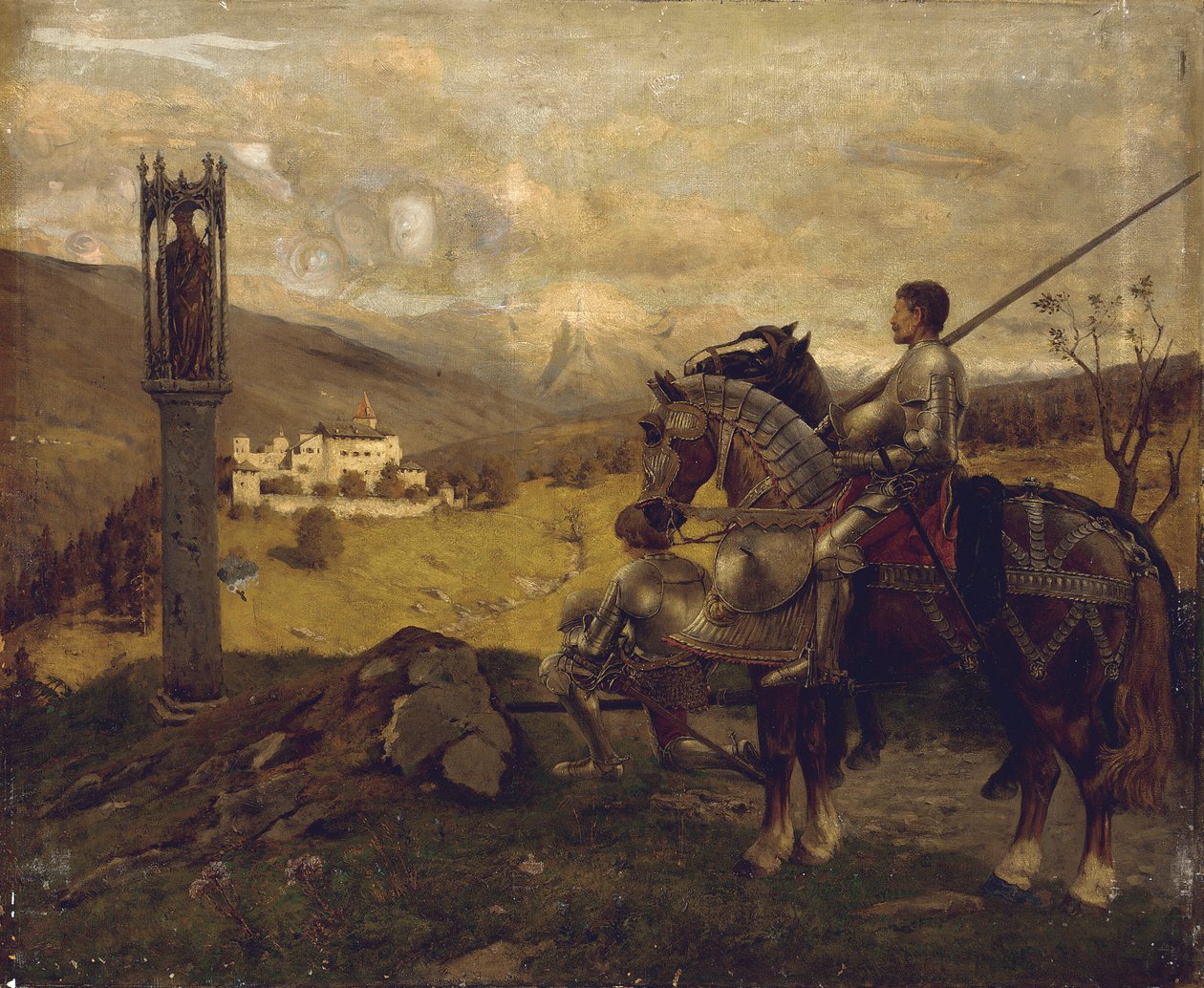 Cavaleiros diante de um santuário à beira da estrada de English School