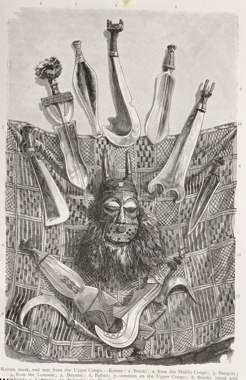 Facas, máscara e tapete do Alto Congo, de &39;The History of Mankind&39;, Vol.III, do Prof. Friedrich Ratzel, 1898 de English School
