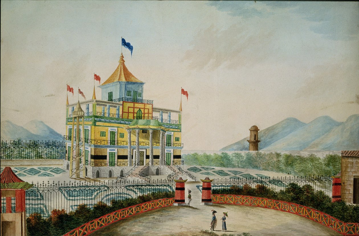 La Favorita ou Palazzo Cinese, Palermo, projetado por Marvuglia e Giuseppe Patricola para o rei Fernando IV, c.1815 (wc no papel) de English School