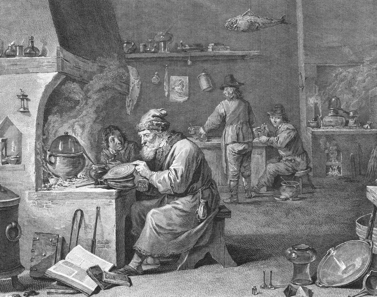 Laboratório de um alquimista, século XVIII ou XIX de English School