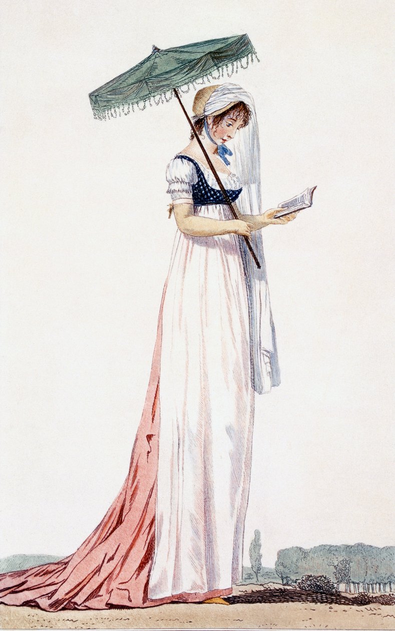 Senhoras elegante vestido de verão com guarda-sol, por Delacourt, 1770 (gravura a cores) de English School