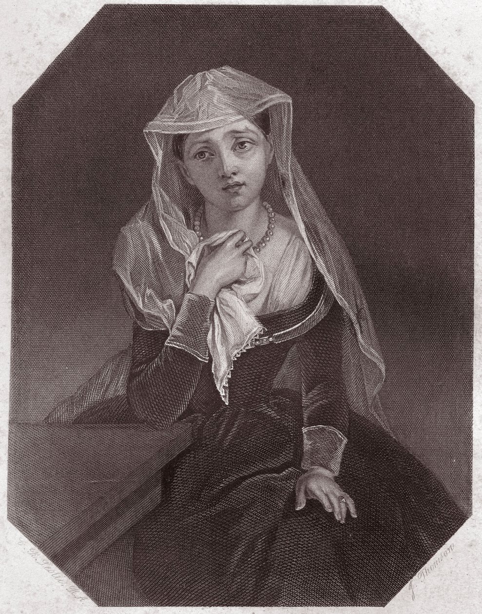 Lady Anne (Richard III) in - "Galeria das Mulheres de Shakespeare, coleção de quarenta e cinco retratos sérios dos primeiros artistas londrinos, enriquecidos por avisos críticos e literários" por volta de 1838 - da "Galeria das Mulheres de Shakespeare, col de English School