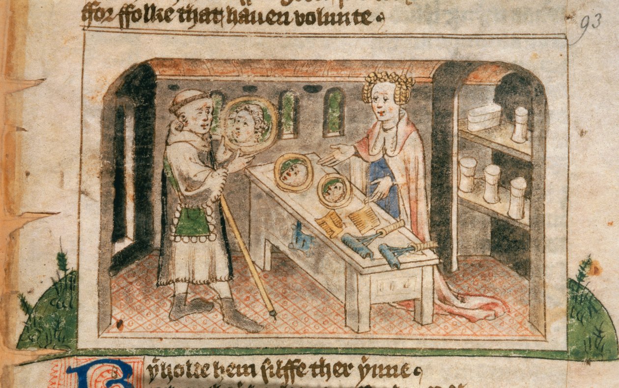 A Senhora Hagiografia mostra a um peregrino a sua exposição de salvas e artigos de higiene, ilustração da tradução inglesa da 
