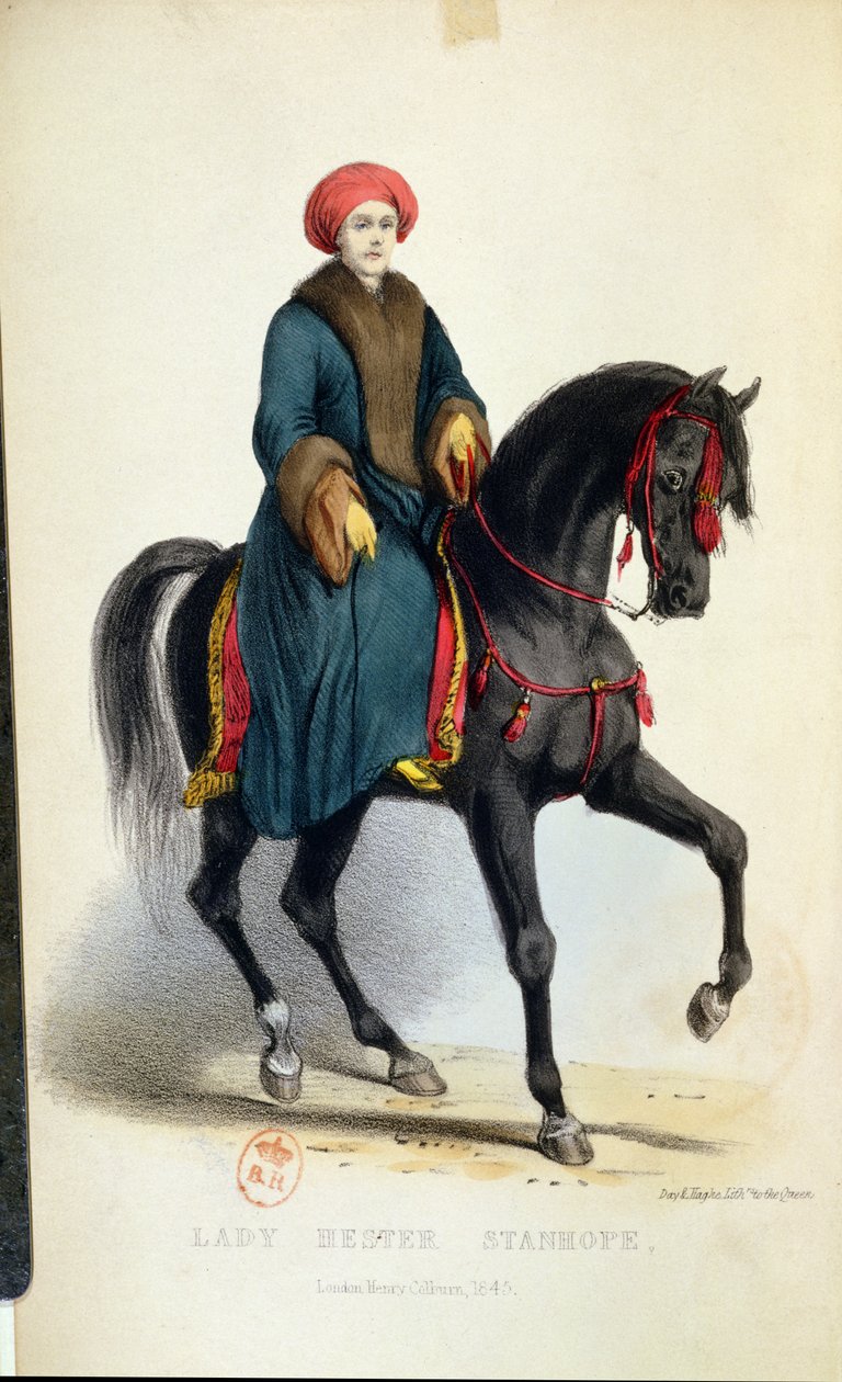 Lady Hester Lucy Stanhope (1776-1839) em vestido árabe, ilustração de suas memórias, Londres, 1845 (gravura de cor) de English School