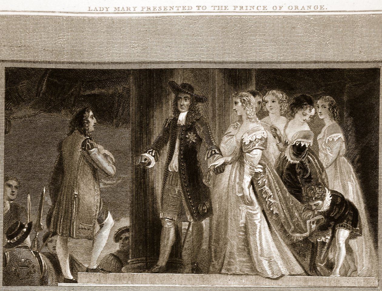 Lady Mary apresentado ao Príncipe de Orange, ilustração de David Humes A História da Inglaterra, pub. por R. Bowyer, Londres, 1812 de English School