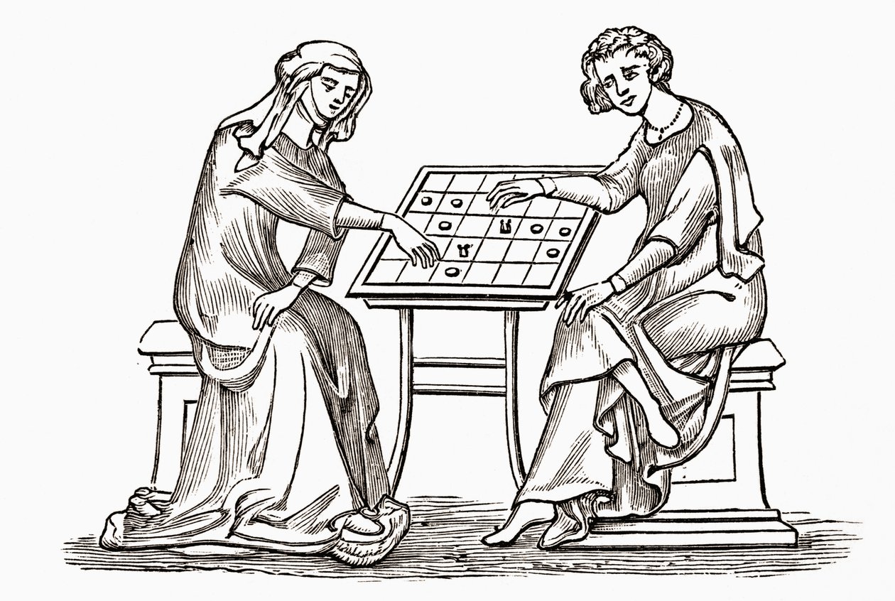 Senhora e jovem jogando damas ou damas, no início do século XIV, de "Uma Breve História do Povo Inglês", de JR Green, publicado em 1893 de English School