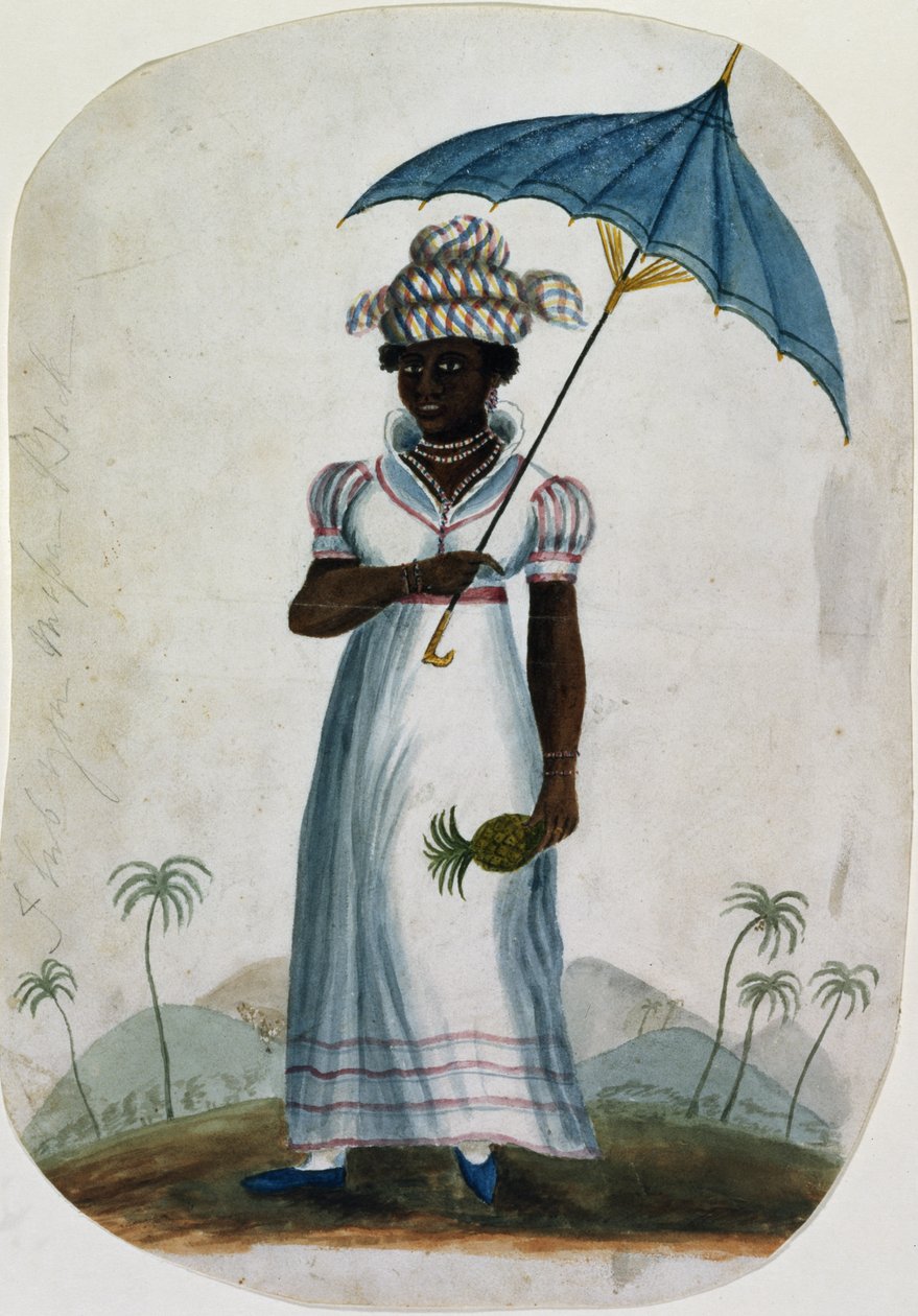 Lady com um parasol e um abacaxi, c.1840 (wc no papel) de English School