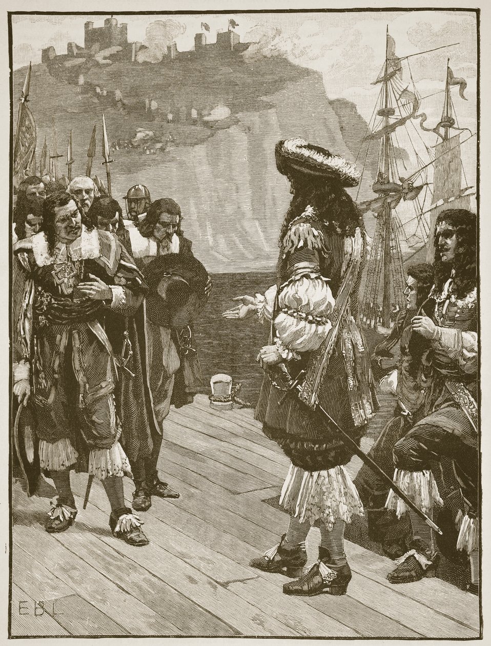 Desembarque de Carlos II em Dover, 26 de maio de 1660, ilustração da História Ilustrada de Cassells da Inglaterra (foto em sépia) de English School