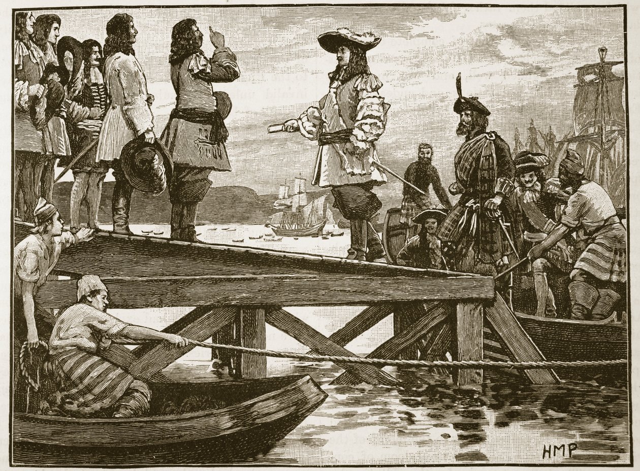 Desembarque de Marshall Schomberg em Carrickfergus, ilustração de Cassells Illustrated History of England (foto em sépia) de English School