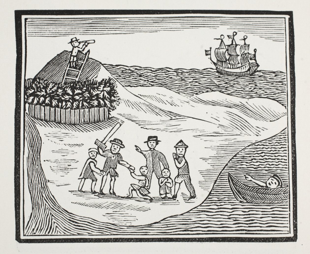 Aterrissagem do grupo de Mutinous na ilha, ilustração dos Chapu-livros do século XVIII por John Ashton, bar. 1882 de English School