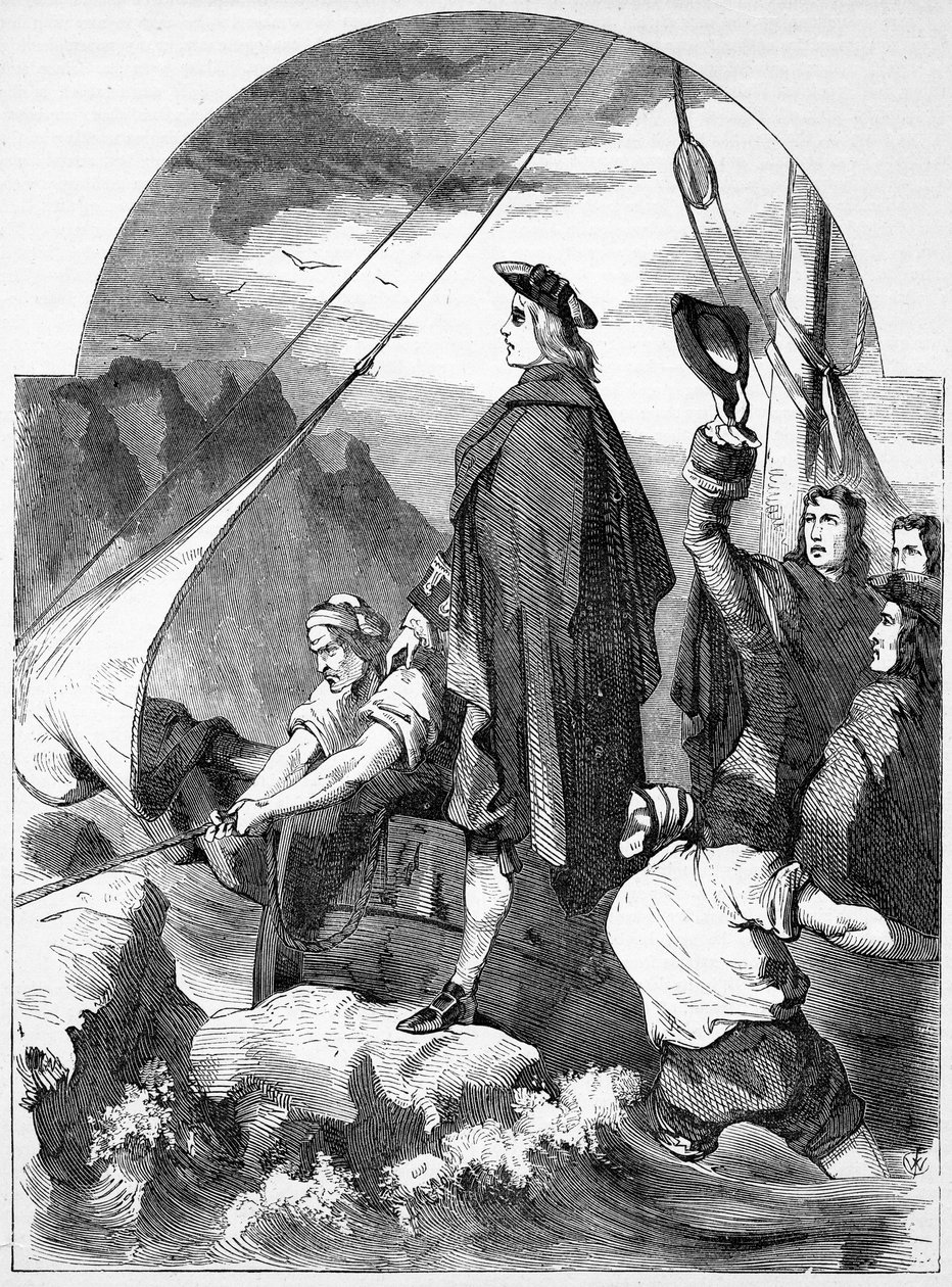 Aterrissagem do Chevalier de St. George na Escócia, ilustração de &39;História Ilustrada de John Cassell da Inglaterra&39;, publicada c.1858 de English School