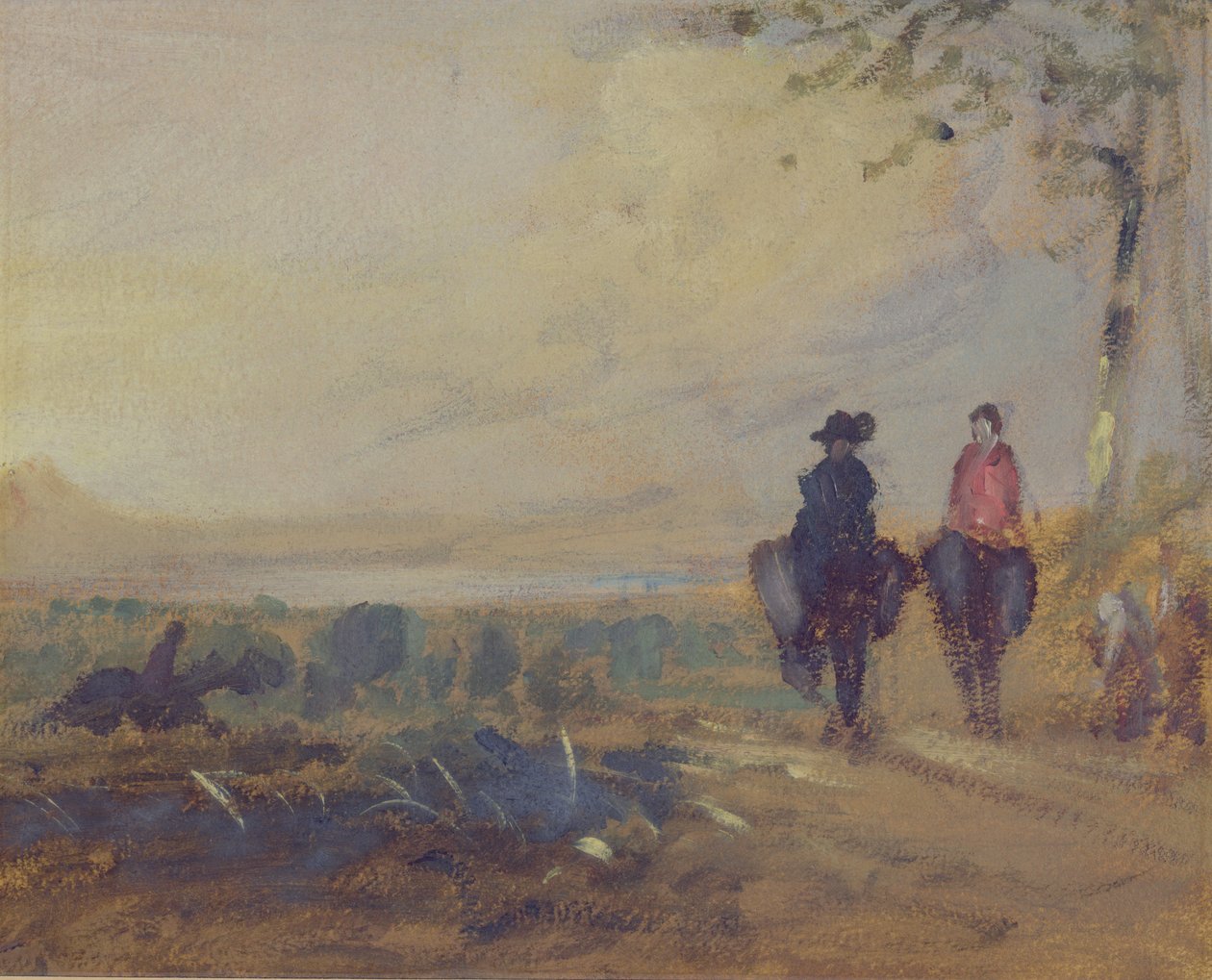 Paisagem com Lago e duas Figuras de Equitação, anteriormente atribuídas a JMW Turner (1775-1851) e também atribuídas a Pedro de Wint (1784-1849), 1815-25 (óleo sobre papel) de English School