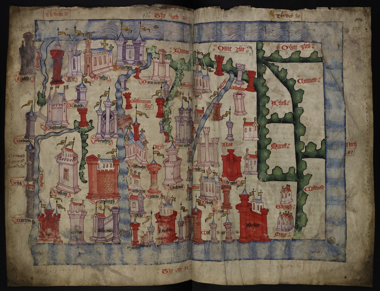 Lansdowne 204 ff.225v & 226 Mapa da Escócia por John Harding, c.1450 (tinta e têmpera em pergaminho) de English School