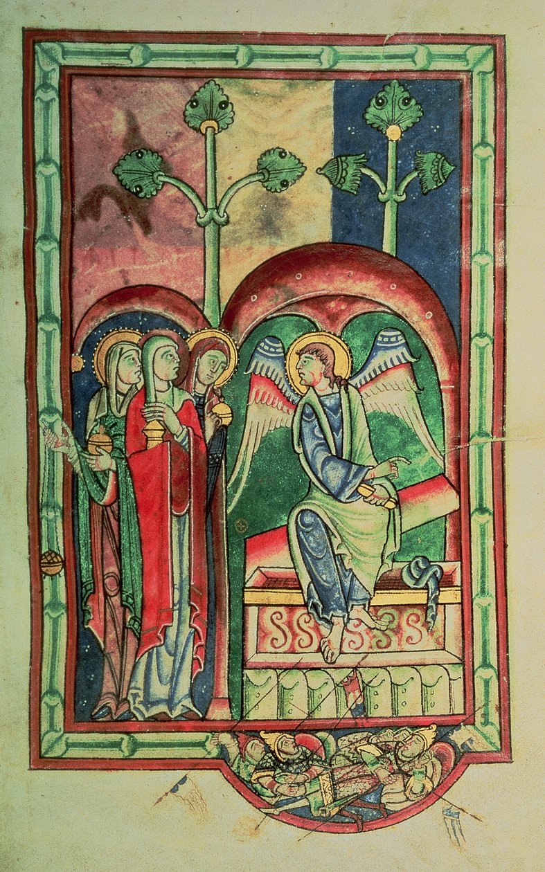Lansdowne 383 f.13 As Mulheres no sepulcro, do Saltério de Shaftesbury, West Country, c.1130-40 (velino) de English School
