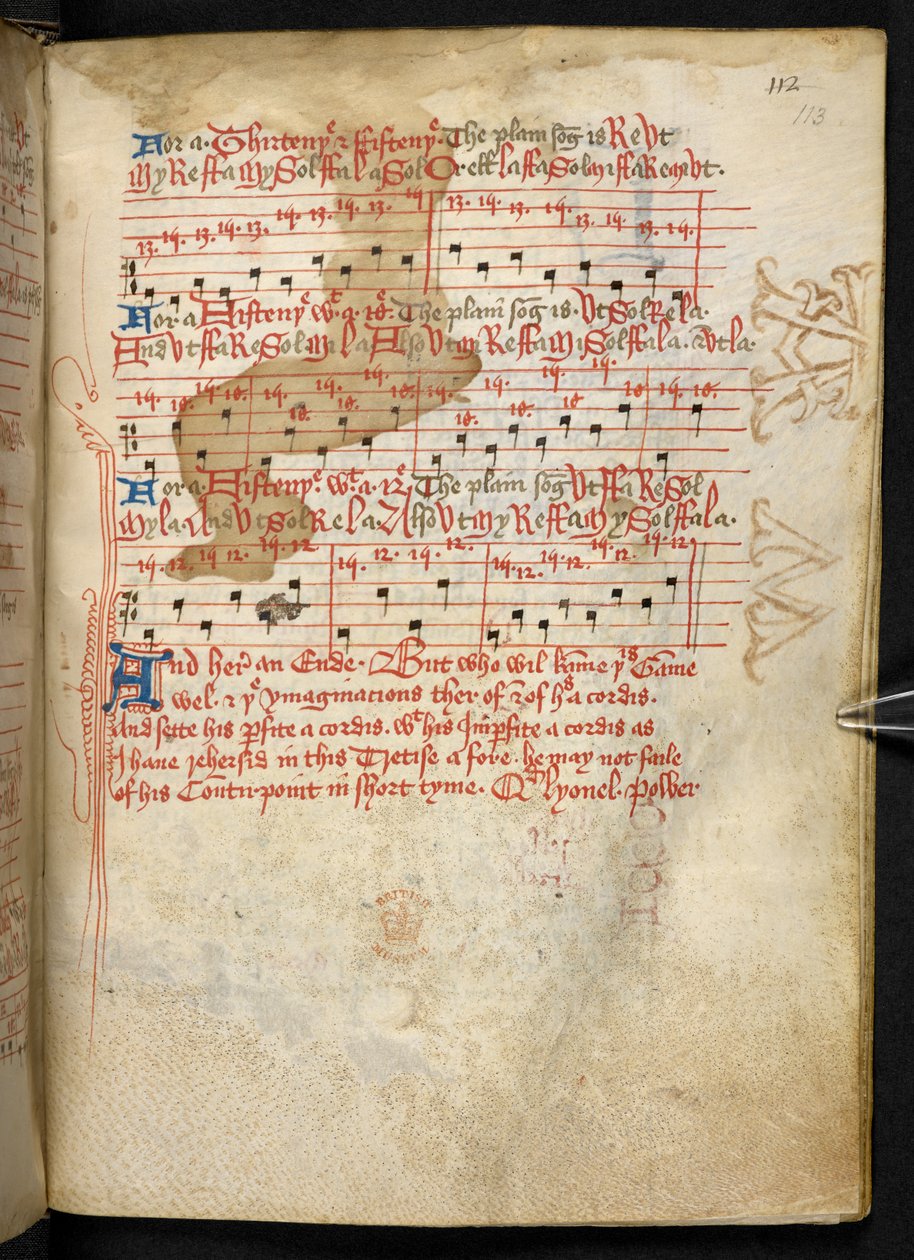 Lansdowne 763, f.113r, A Volume bastante escrito em velino no século XV, e contendo tratados antigos e muito interessantes sobre música de diferentes autores. de English School