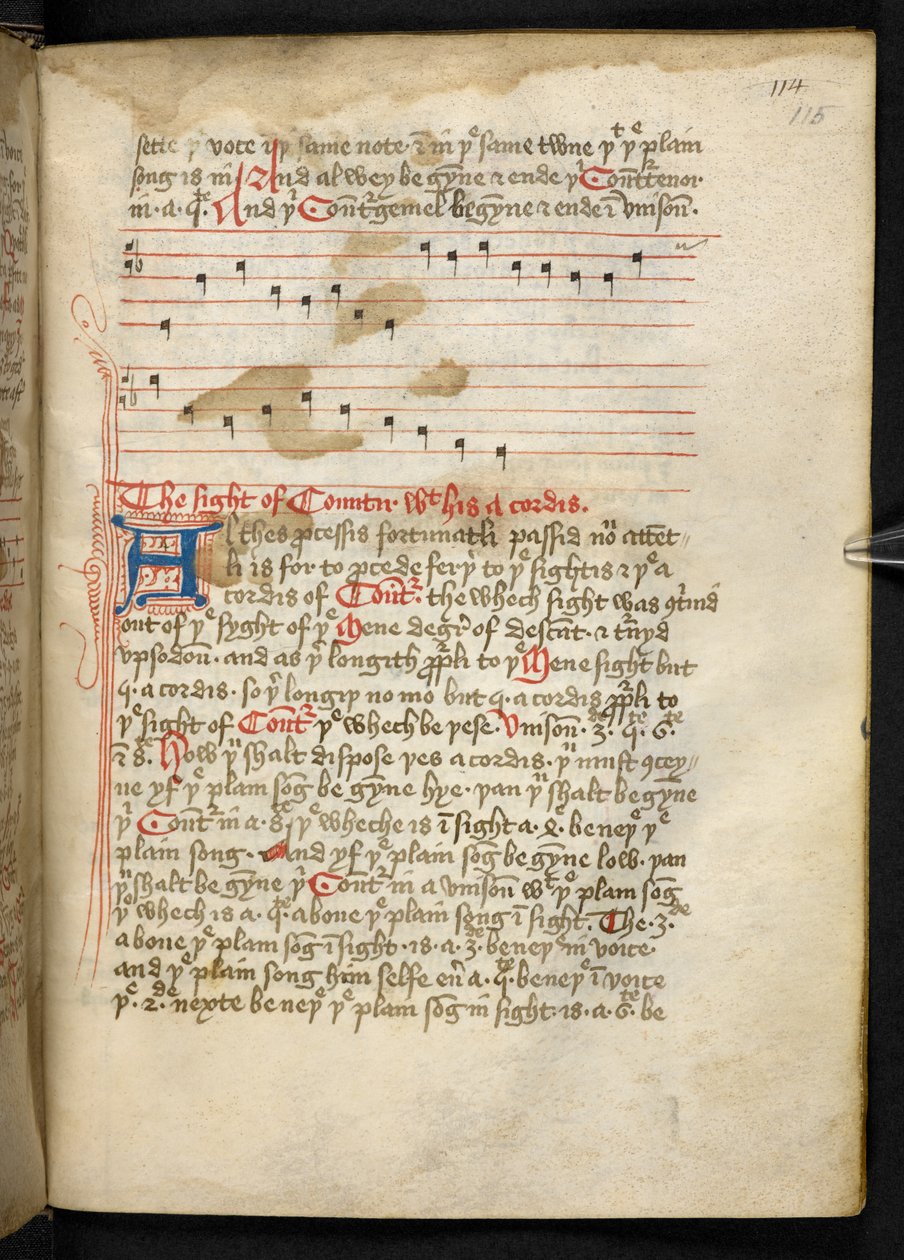 Lansdowne 763, f.115r, Volume razoavelmente escrito em pergaminho no século XV, contendo antigos e muito interessantes tratados sobre música de diversos autores. de English School