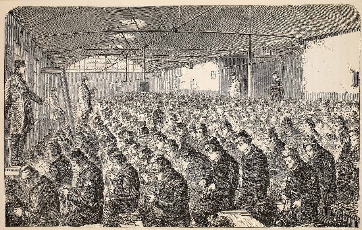 Grande Oakum-room (sob o Sistema Silencioso) na Casa de Correção de Middlesex, Coldbath Fields, ilustração de The Criminal Prison of London e Scenes from Prison Life por Henry Mayhew e John de English School