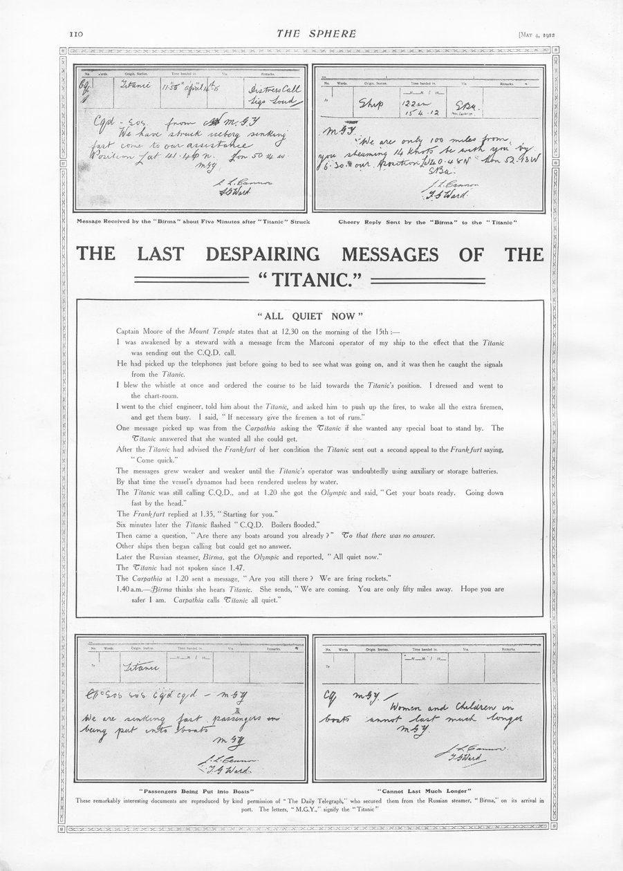 Últimas Mensagens do Titanic, da The Sphere, 04 de maio de 1912 de English School