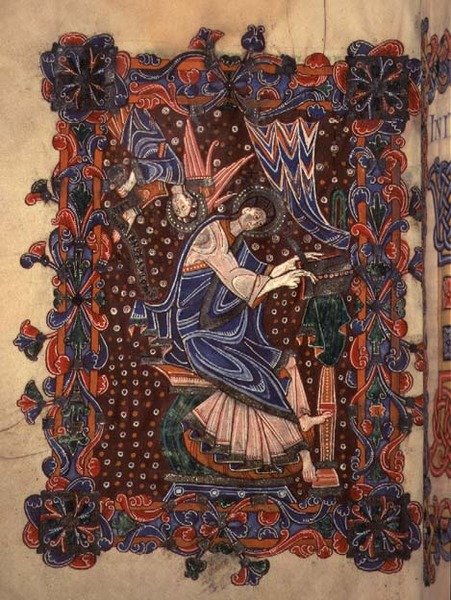 Lat 14782 f.16v São Mateus escrevendo seu evangelho, c.1080 (vellum) de English School