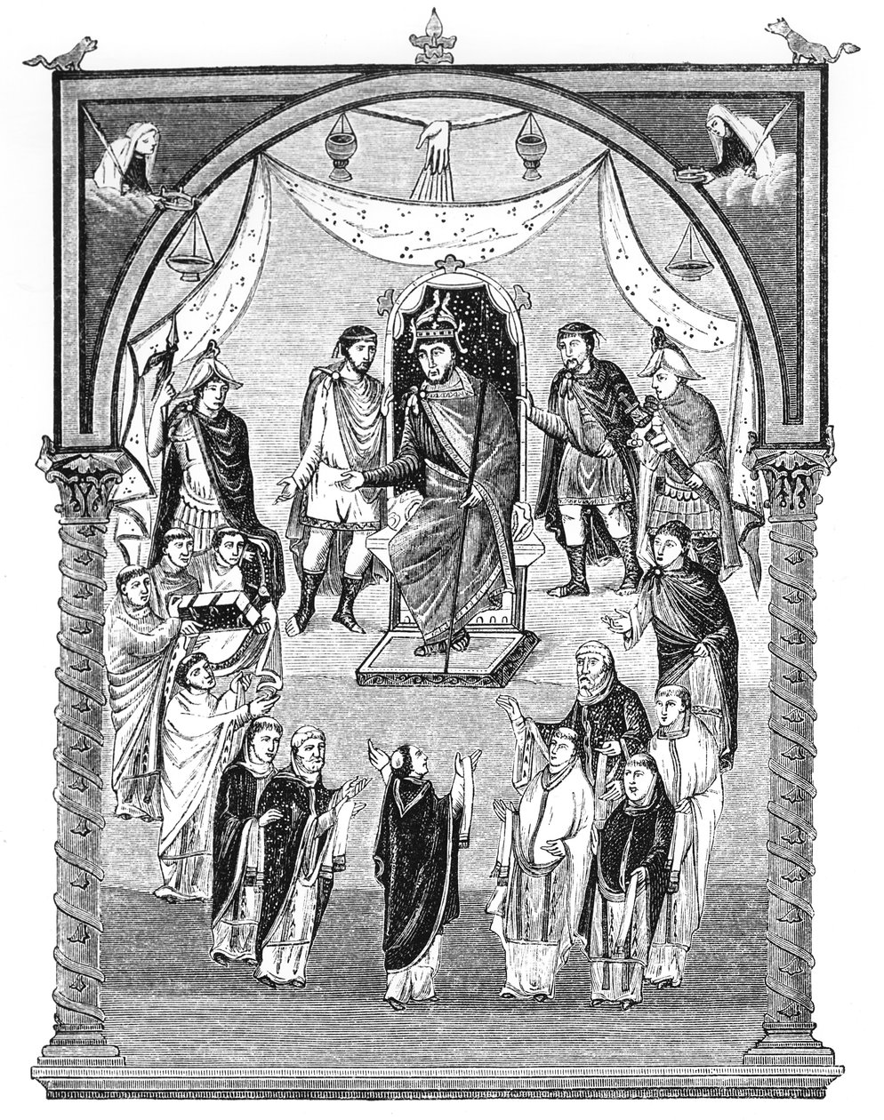 Lat 1 f.423r Carlos, o Calvo, rei da França (823-1777) entronizado, encomendado pelo abade Vivian do mosteiro de São Martinho em Tours, da Primeira Bíblia de Carlos, o Calvo, 843-51, ilustração de English School