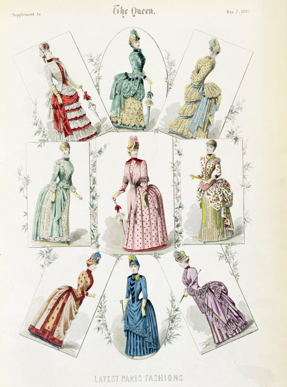 Últimas Paris Modas, vestidos de nove dias em um prato de moda de um suplemento para a rainha, maio de 1885 de English School