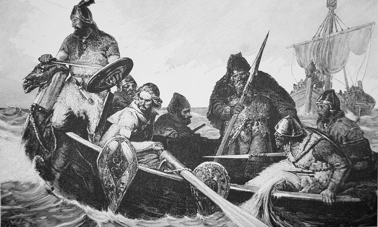 Leif Ericson descobre a costa de Vinland a Boa, provavelmente Terra Nova (gravura) de English School