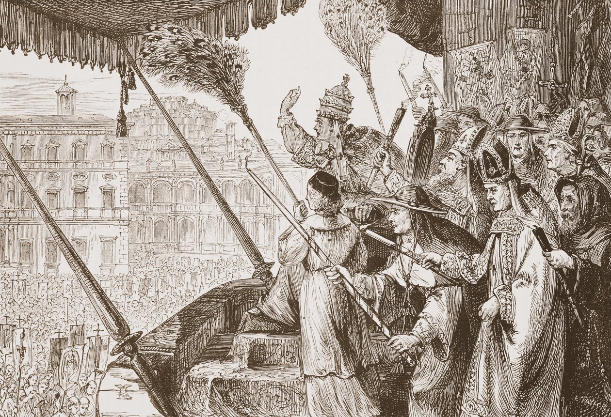 Leão X que pronuncia a bula dos senhores Steel, ilustração da história do protestantismo por James Aitken Wylie (1808-1890), bar. 1878 de English School