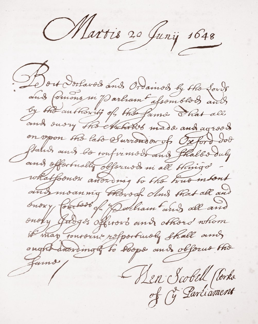 Carta de Henry Scobell, 20 de junho de 1648 de English School