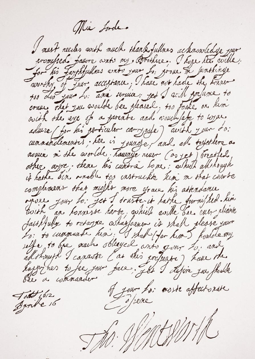 Carta de Thomas Wentworth, 16 de abril de 1612 de English School