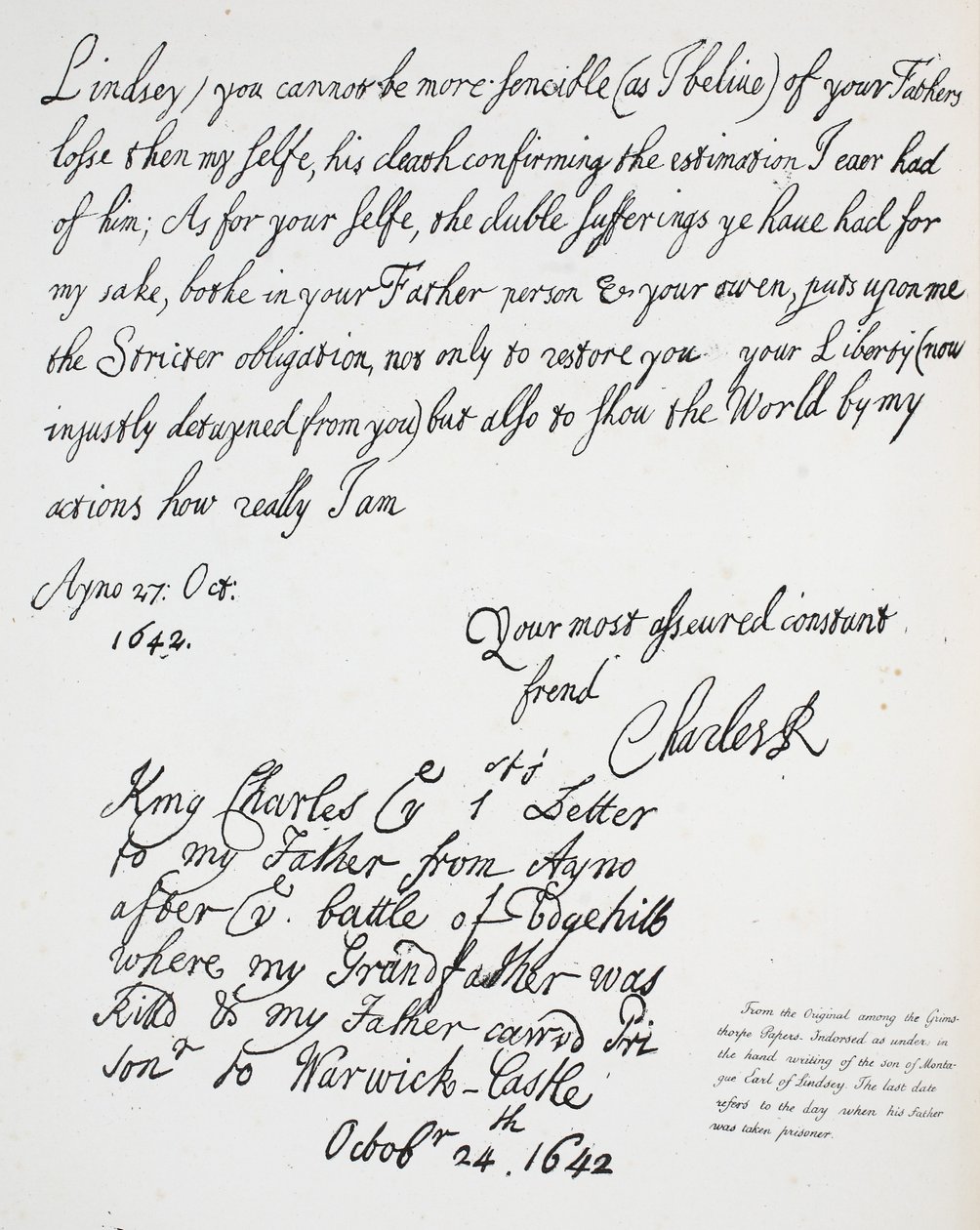 Carta de Carlos II a Montague, Conde de Lindsey, em 27 de outubro de 1642 de English School