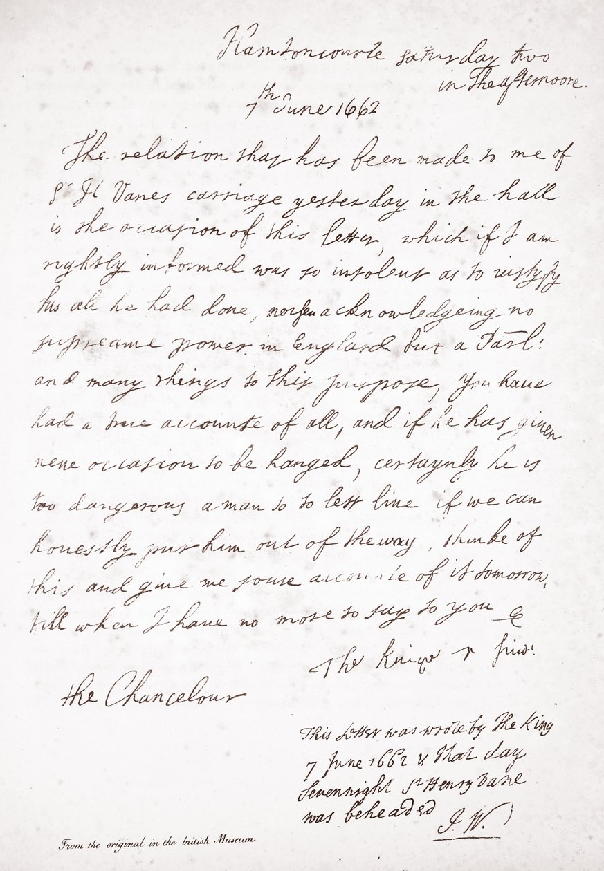 Carta de Carlos II ao Chanceler Lord Clarendon, 7 de junho de 1662 de English School