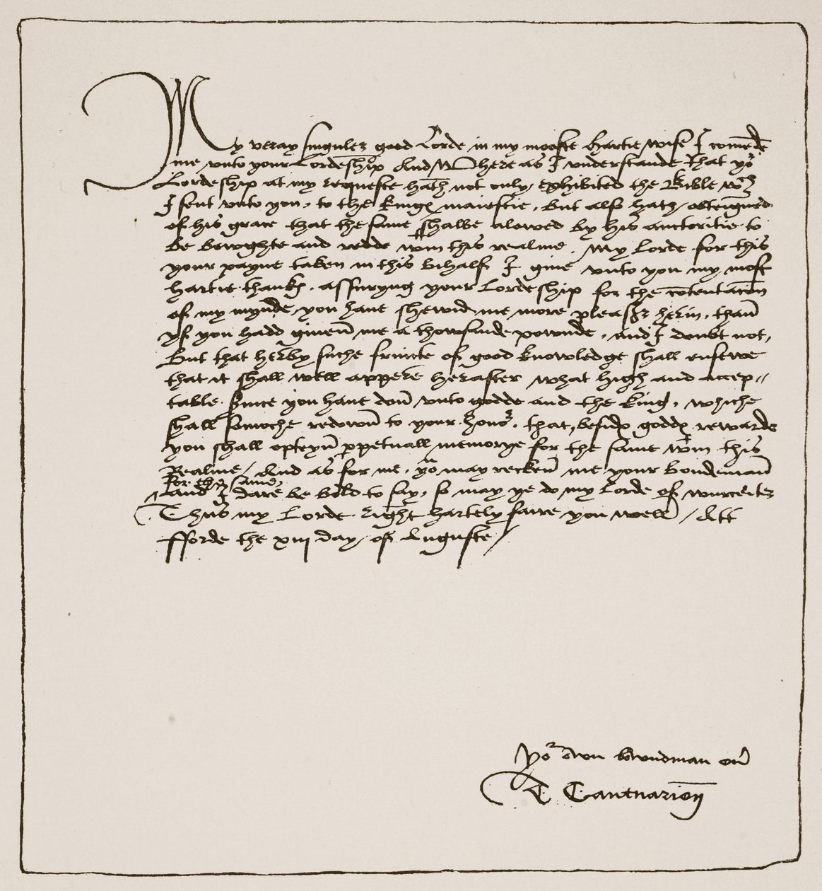Carta de Cranmer a Cromwell, agradecendo-lhe a obtenção da autoridade dos reis para Matthews English Bible, 1537, de A Igreja da Inglaterra: Uma História para o Povo, de HDM Spence-Jones, pub. c.191 de English School