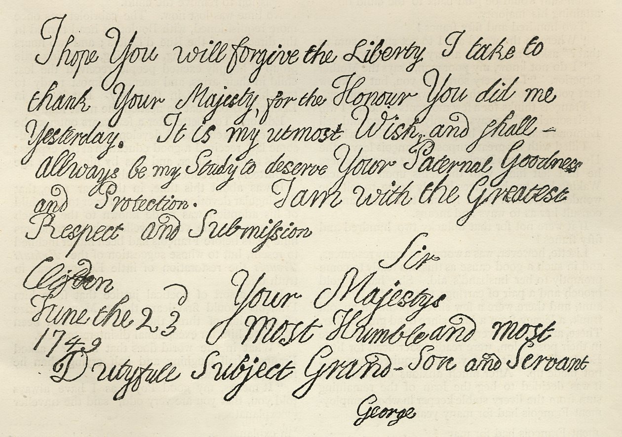 Carta de Jorge III ao seu avô, o rei, em 23 de junho de 1749, publicada em &39;Leisure Hour&39;, 1891 (litho) de English School