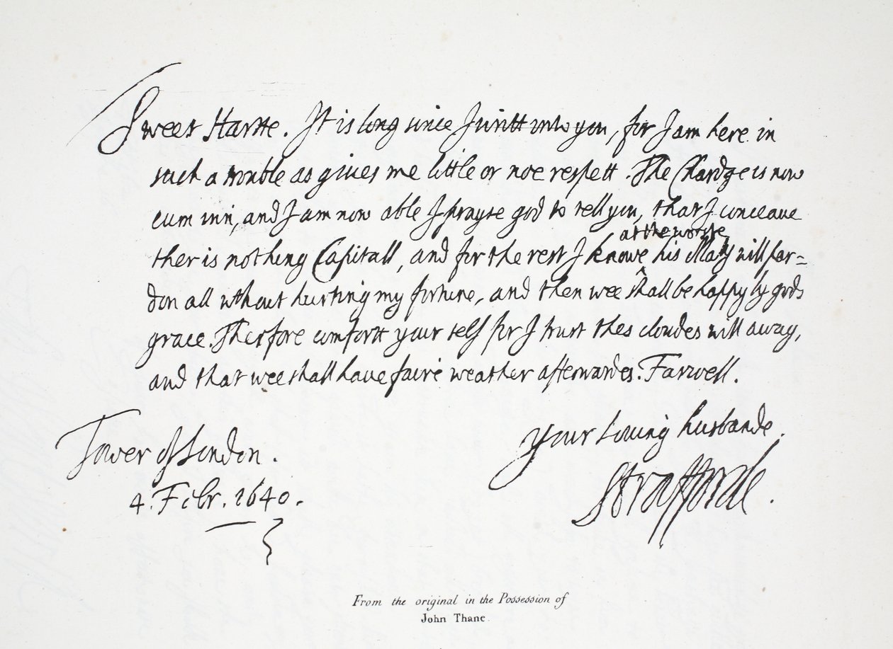Carta de Lord Strafford para sua esposa, da Torre de Londres, 4 de fevereiro de 1640 de English School
