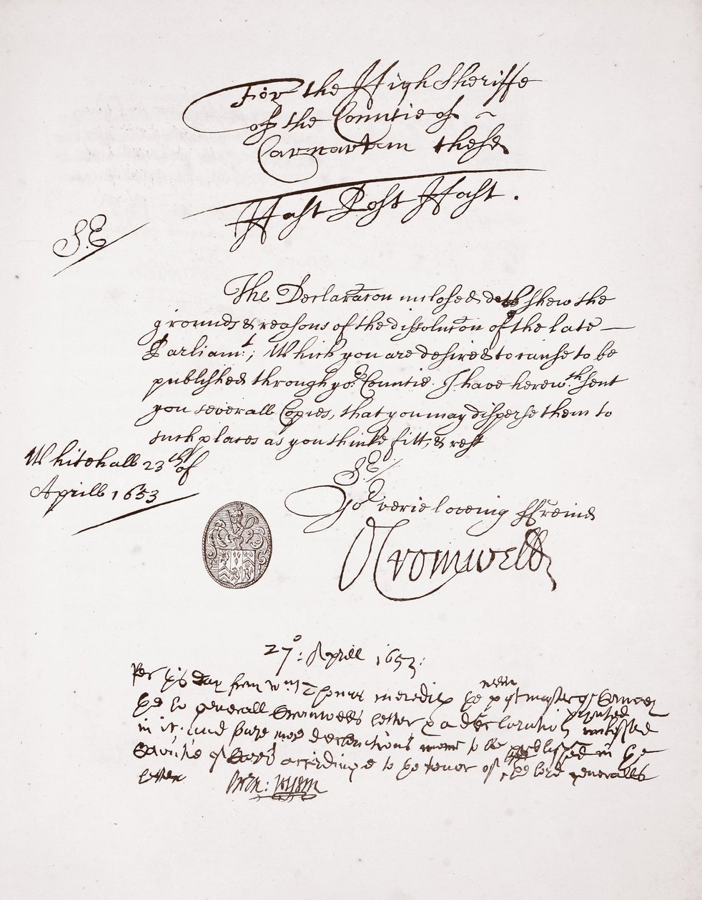 Carta de Oliver Cromwell, abril de 1653 de English School